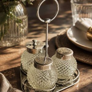 Glass & Chrome Condiment Set — 3 Piece — Diamond Cut Glass — Salt, Pepper & Mustard Pot — Chrome Cad
