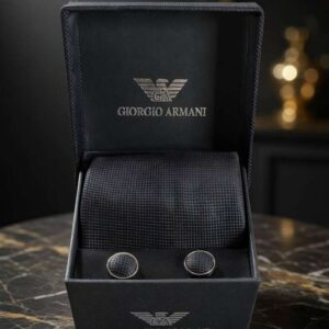 Giorgio Armani Mens Gift Set — Tie + Cufflinks + Pocket Square + Box — Made in Italy — Believed Gen